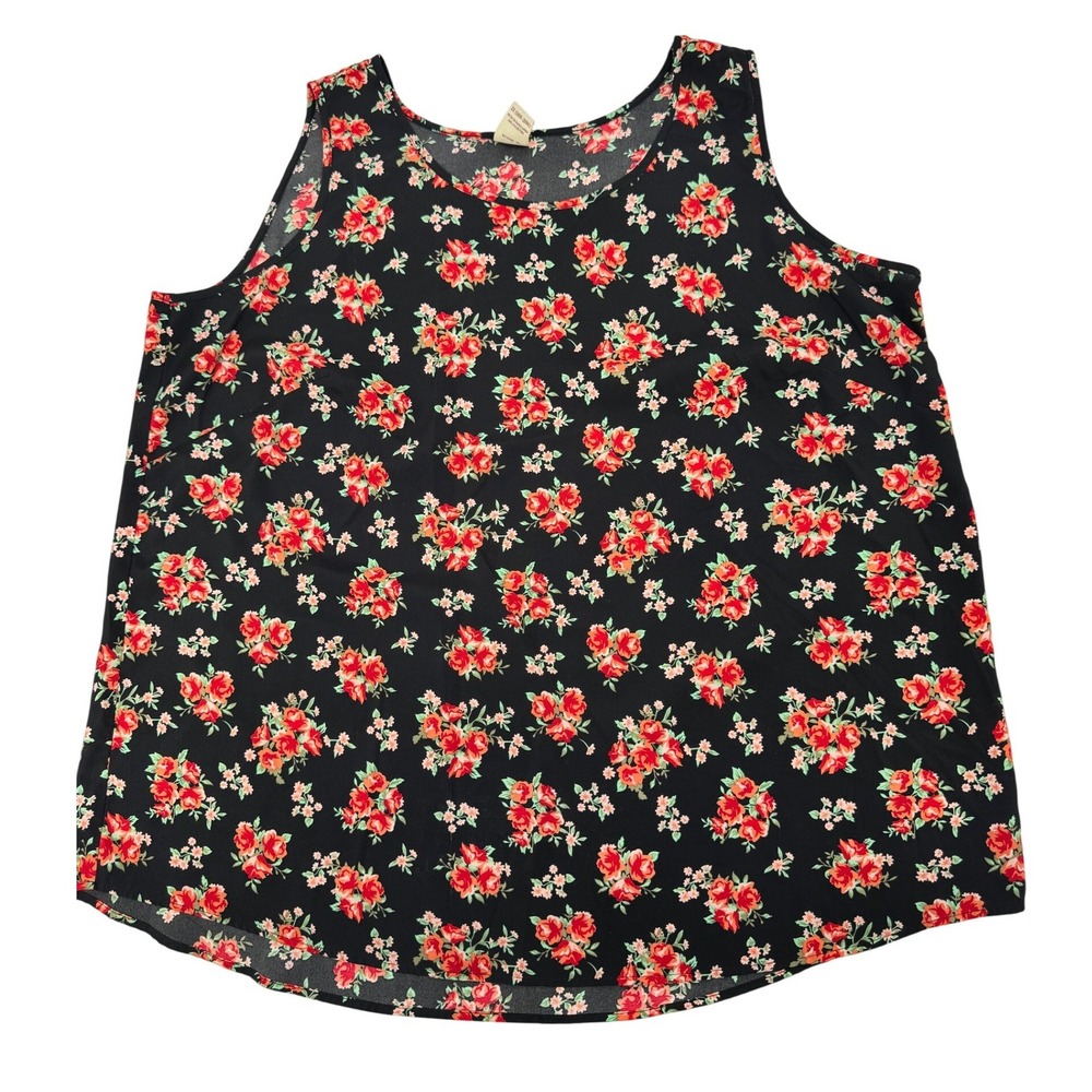 Faded Glory Floral‎ Tank Top Womens 2X Black Red Orange Sleeveless Casual Blouse